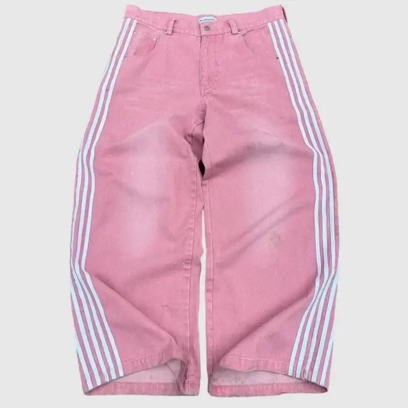 Pink pants with white vertical stripes down the sides.