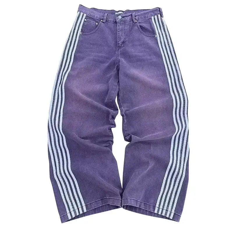 Purple denim jeans with white vertical stripes down the sides.