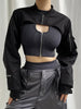 Black cropped zip-up collar safari streetwear jacket with matching top and pants