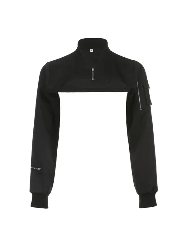 Black cropped zip-up collar safari streetwear jacket with long sleeves and stand collar