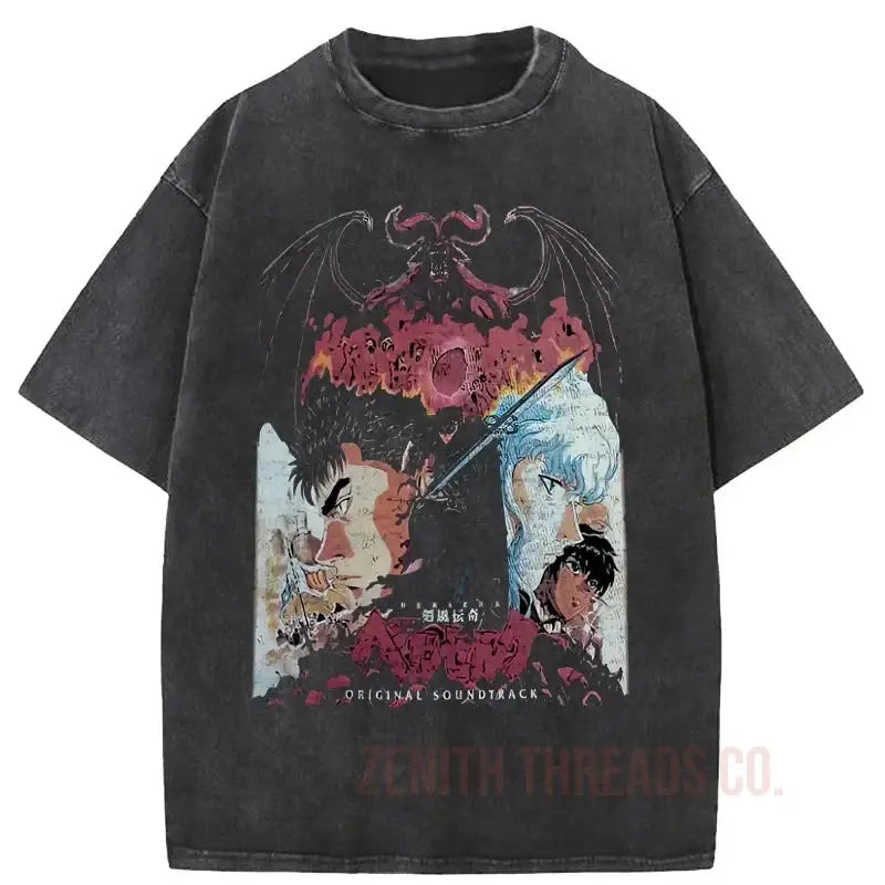 Black graphic t-shirt featuring a dark fantasy artwork design with dragons and gothic elements.