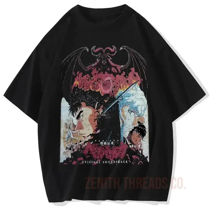 Black t-shirt featuring a dark fantasy artwork with a winged demon creature, dragons, and gothic elements in red and blue tones.