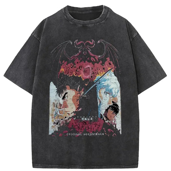 Gray graphic t-shirt from Black Source featuring oversized streetwear tee and anime-inspired design