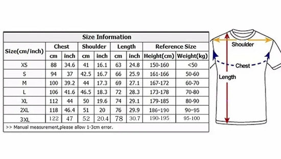 T-shirt size chart for Black Source oversized streetwear tee with anime-inspired design