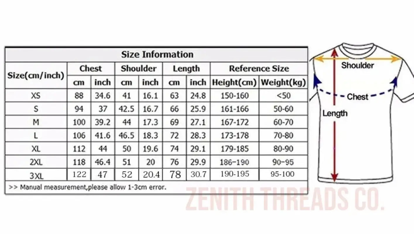 Size chart diagram showing measurements for t-shirt dimensions across different sizes from XS to XXL.