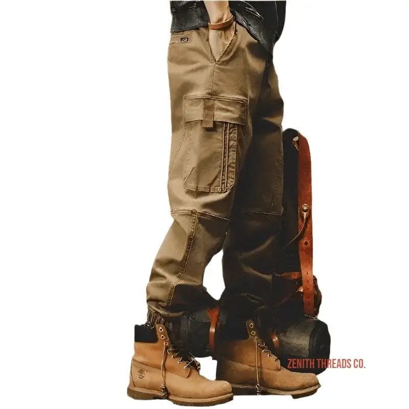 Tan cargo pants paired with brown work boots.