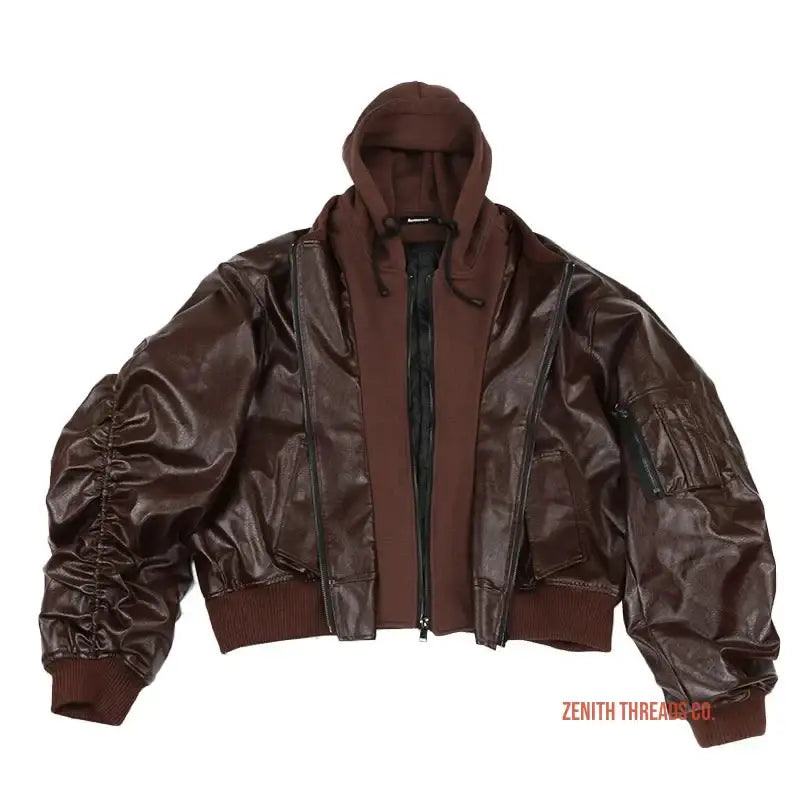 Brown leather bomber jacket with a hood and ribbed cuffs.