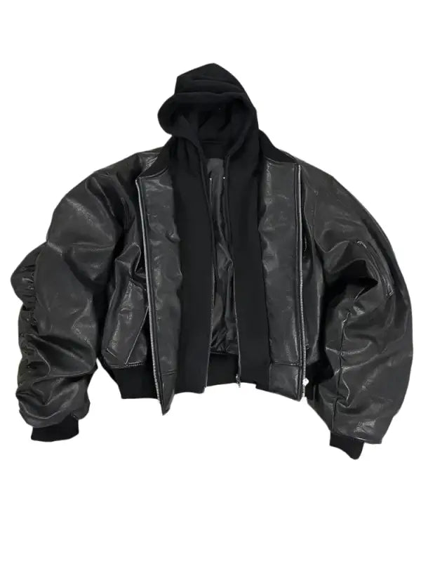 Black leather bomber jacket with a hood and puffy sleeves.