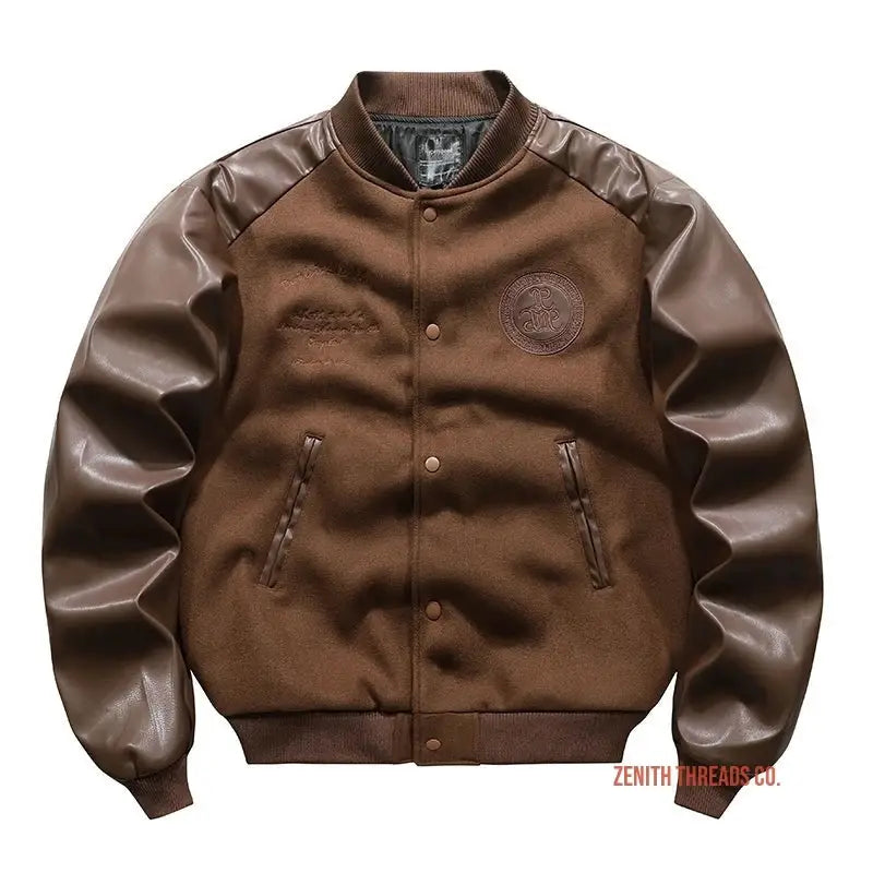 Brown varsity jacket with leather sleeves and snap buttons.