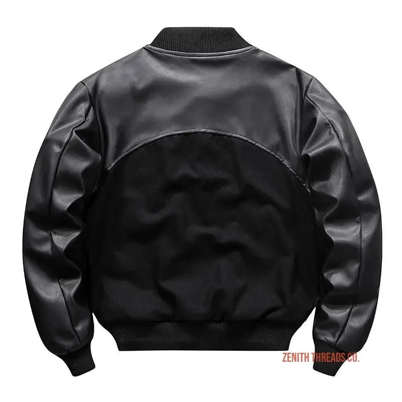 Black varsity-style bomber jacket with leather sleeves.