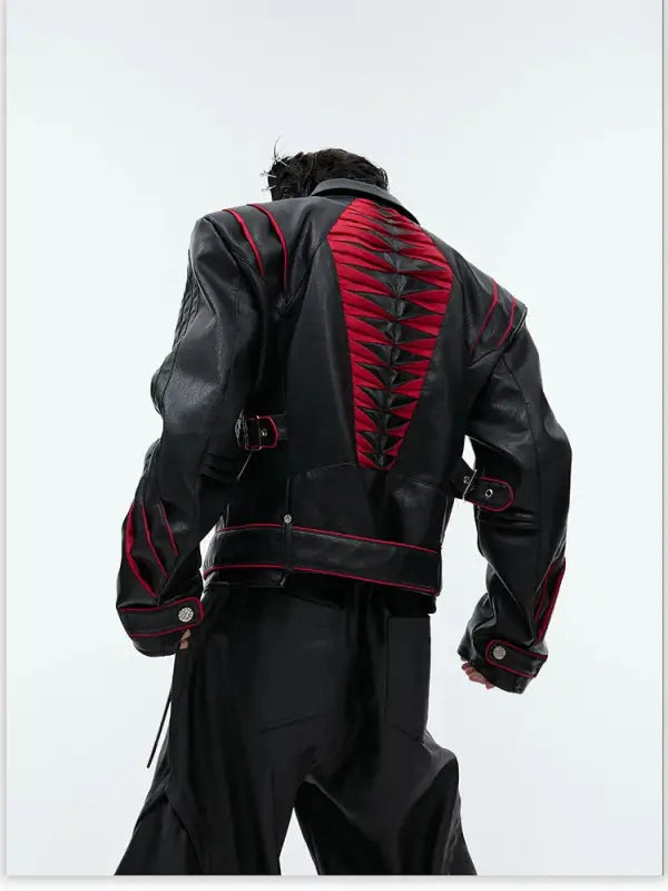 Black leather jacket with red accents and decorative lacing down the back.