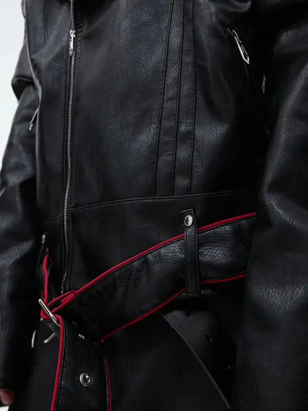 Black leather jacket with red trim detailing and zipper closures.