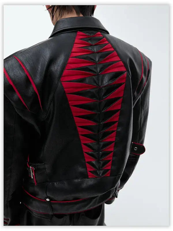 Black leather jacket with red geometric lacing pattern down the back.