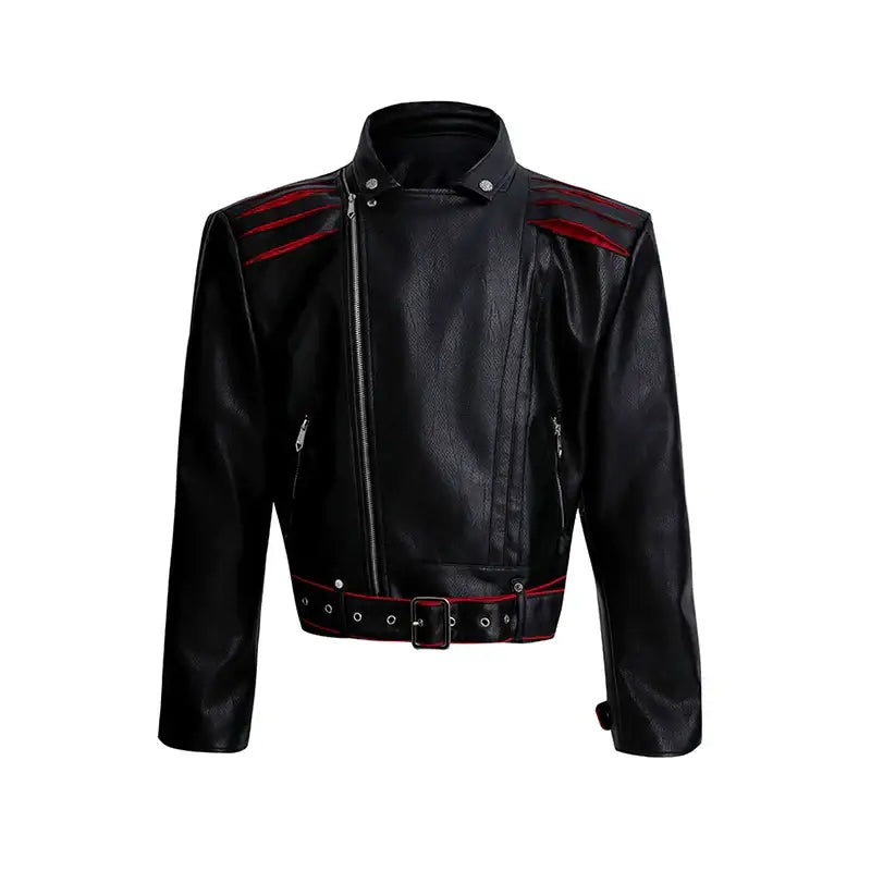 Black leather motorcycle jacket with red accents and silver zippers.