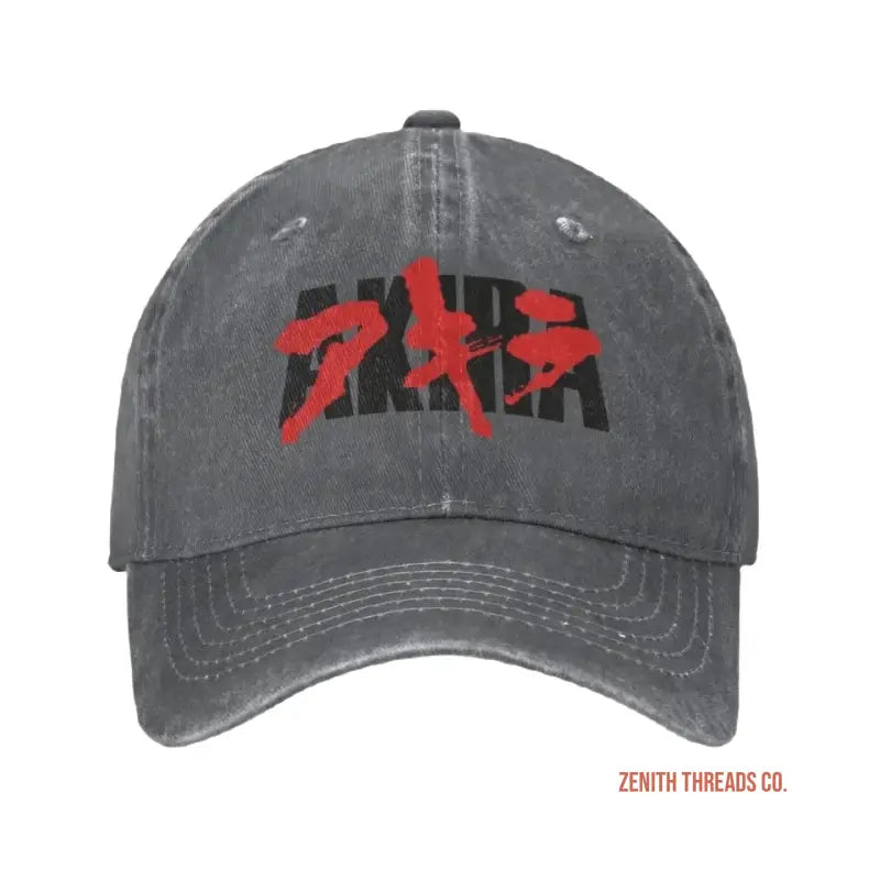 Gray baseball cap with red ’AKIRA’ inspired logo design.