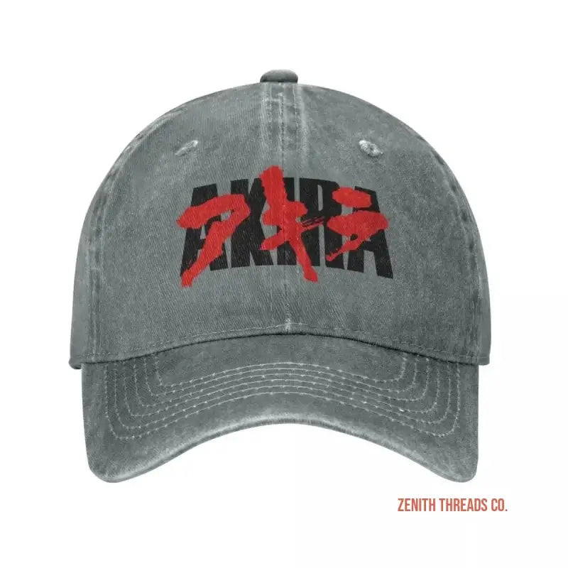 Grey baseball cap with red ’AKIRA’ inspired graphic design on the front.