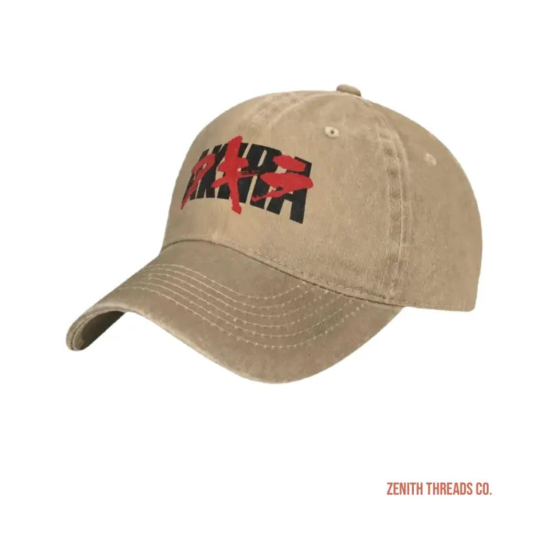 Tan baseball cap with red and black ’AKIRA’ text logo.