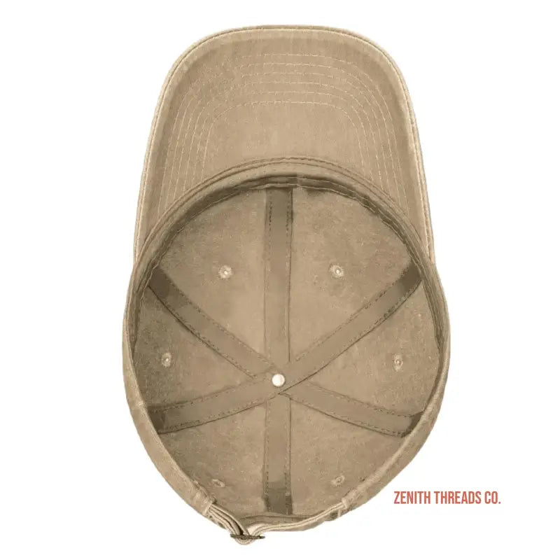 Khaki baseball cap shown from the inside with visible stitching and panels.