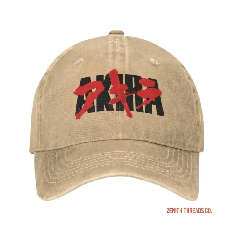 Khaki baseball cap with red and black ’AKIRA’ text logo.