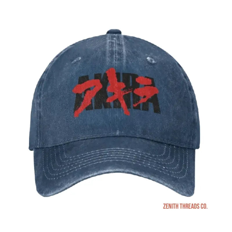 Navy blue distressed baseball cap with red ’AKIRA’ inspired Japanese text design.