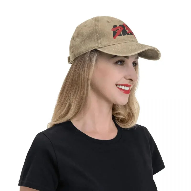 Tan baseball cap featuring Bloody Akira logo for anime streetwear fans