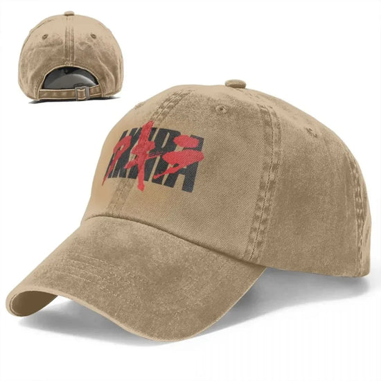 Tan baseball cap featuring the bloody Akira logo for anime streetwear enthusiasts