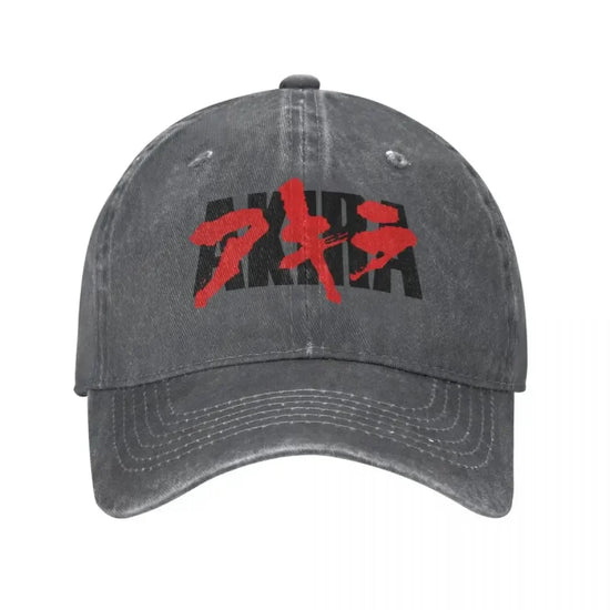 Gray Denim Akira Baseball Cap featuring Bloody Akira Logo for Anime Streetwear Fans