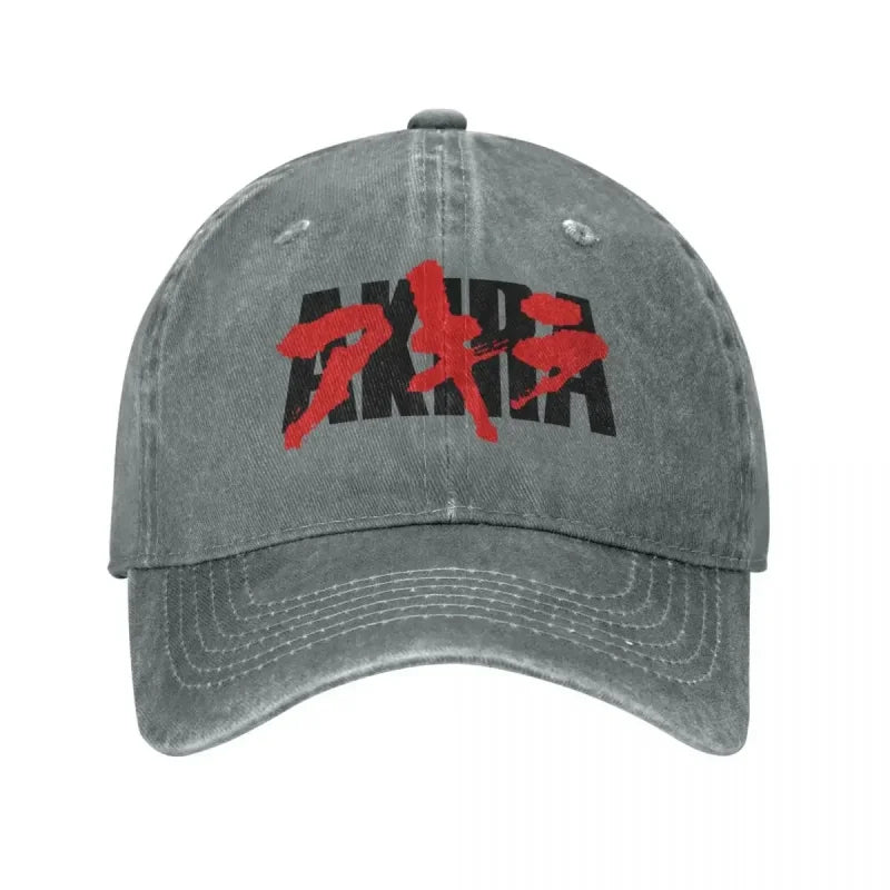 Gray denim baseball cap featuring Bloody Akira logo for anime streetwear fans