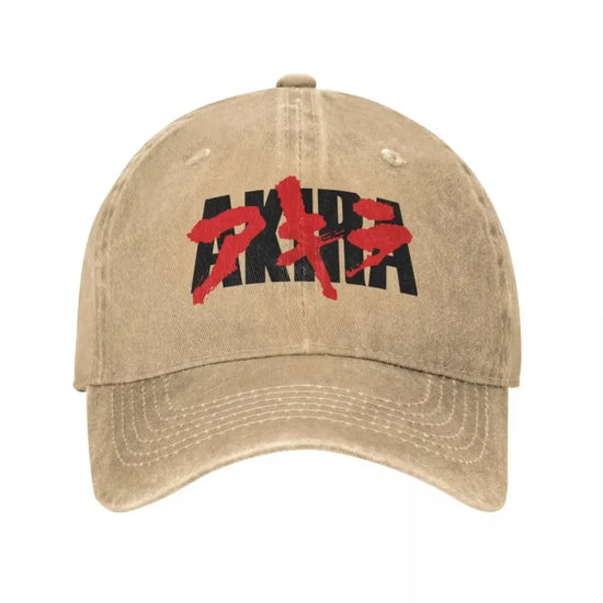 Tan baseball cap featuring Bloody Akira logo for anime streetwear enthusiasts