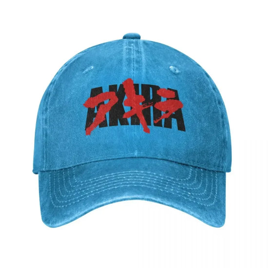 Blue denim baseball cap featuring Bloody Akira logo for anime streetwear fans