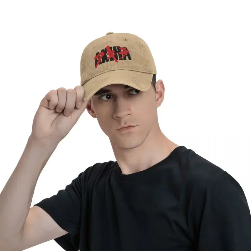 Tan baseball cap featuring Bloody Akira logo for anime streetwear fans