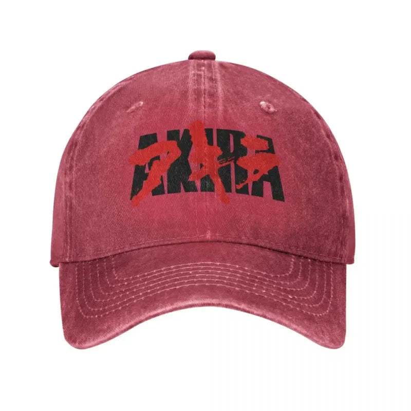 Maroon baseball cap featuring the Bloody Akira logo for anime streetwear fans