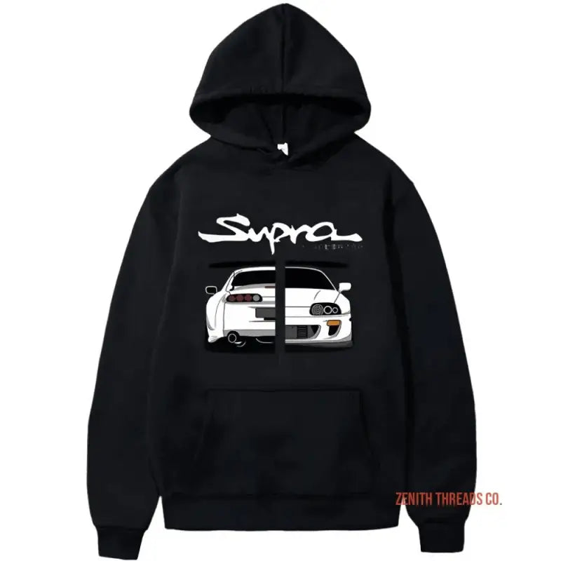 Black hoodie featuring a Supra car design and text graphic on the front.