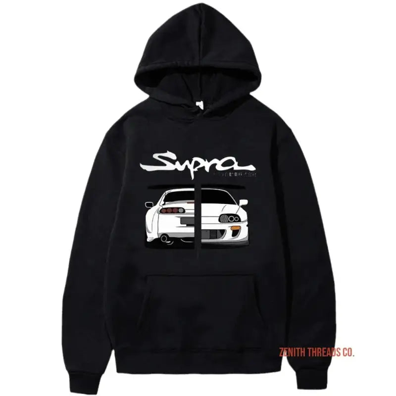 Black hoodie with a Toyota Supra car design and text printed on the front.