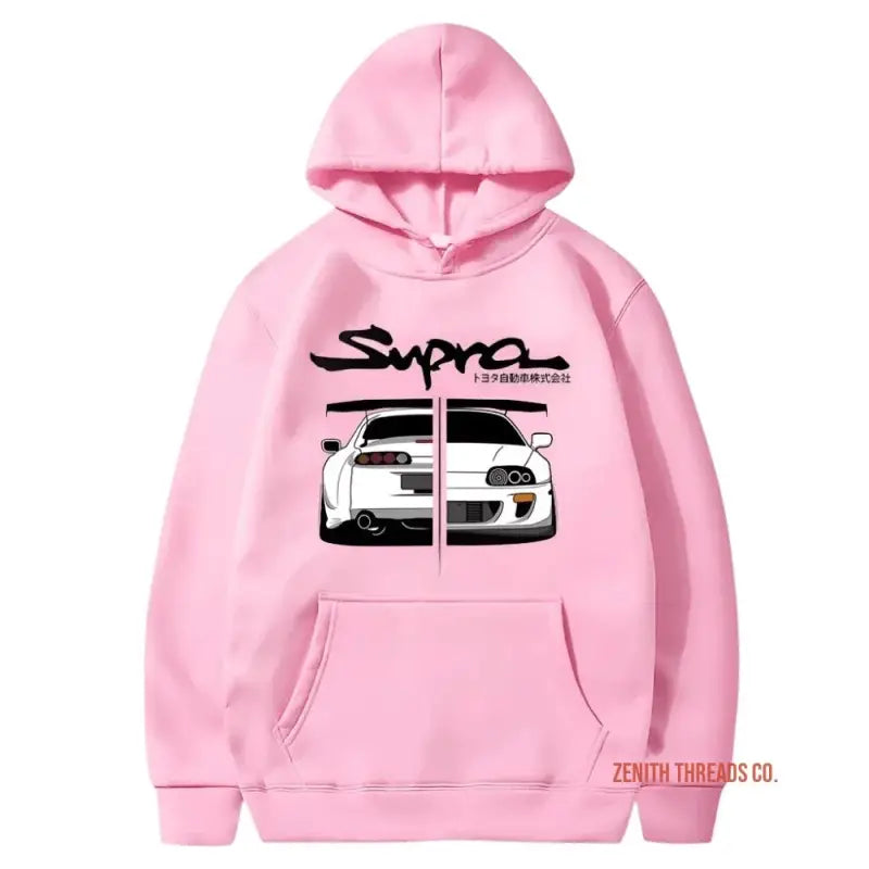 Pink hoodie with a black and white Toyota Supra car design on the front.