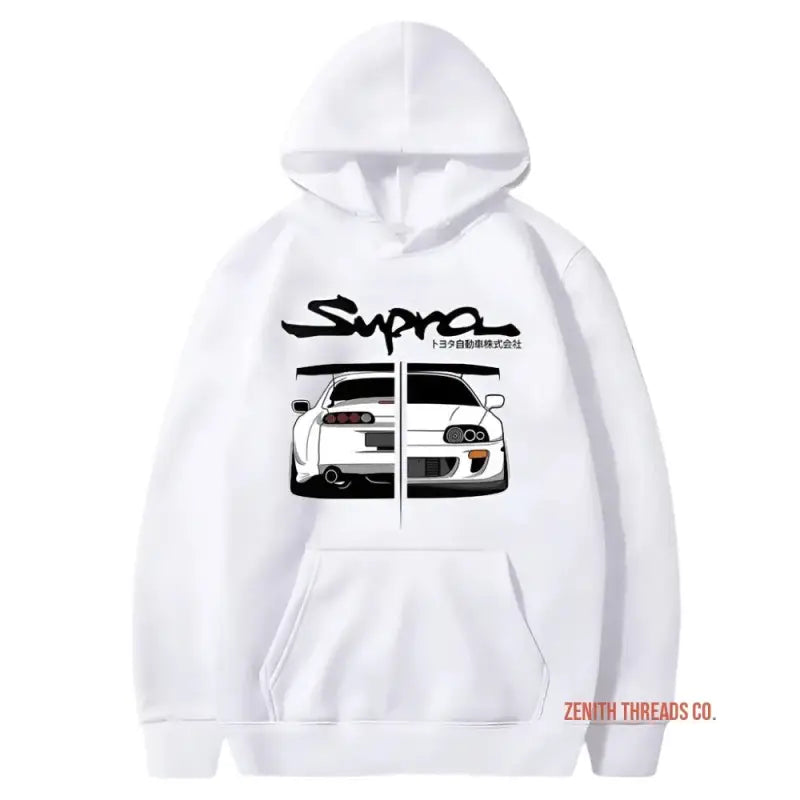 White hoodie with a split car design and ’Supra’ text graphic on the front.