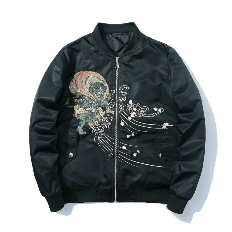 Black bomber jacket with embroidered design in Anime-inspired Japanese streetwear style