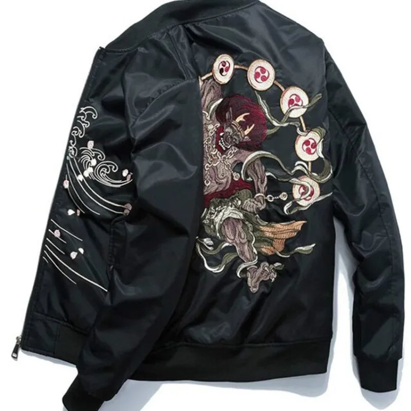 Black bomber jacket with embroidered design, perfect for Japanese streetwear and anime fans