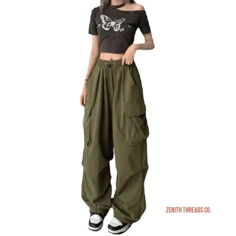 Olive green cargo pants with multiple pockets and a baggy, relaxed fit.