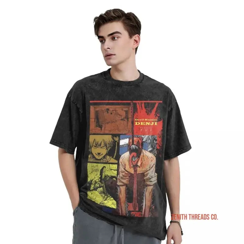 Black graphic t-shirt featuring manga-style artwork panels in red and yellow colors.