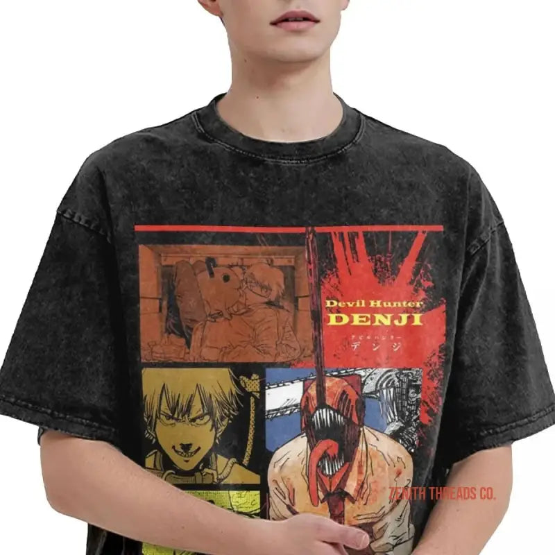 Black graphic t-shirt featuring manga-style artwork panels with ’DENJI’ text in red.