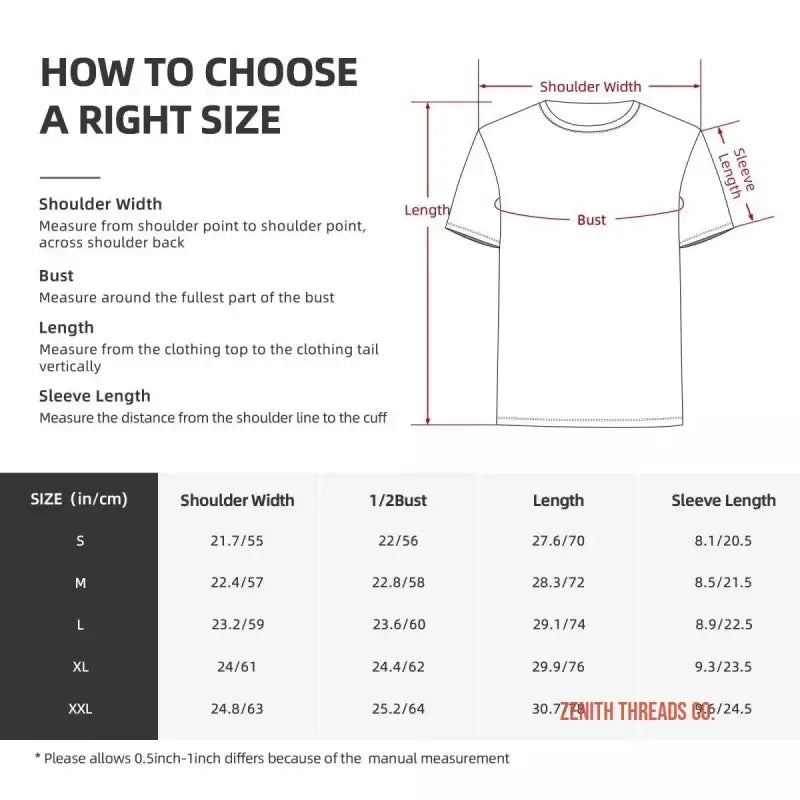 Size guide diagram showing measurement points and dimensions for a t-shirt.