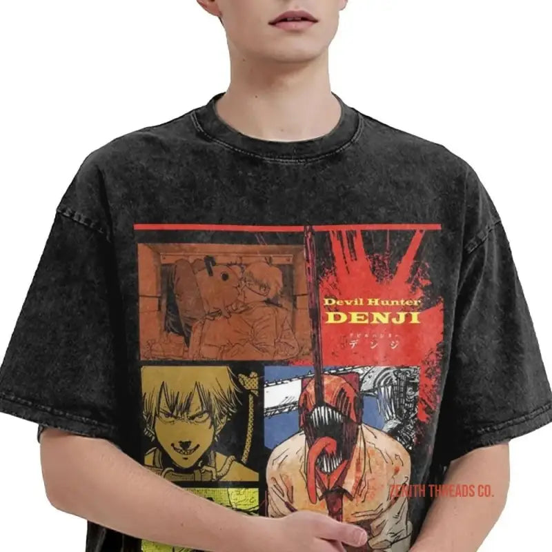 Black graphic t-shirt featuring manga-style artwork panels from Chainsaw Man’s Denji character.