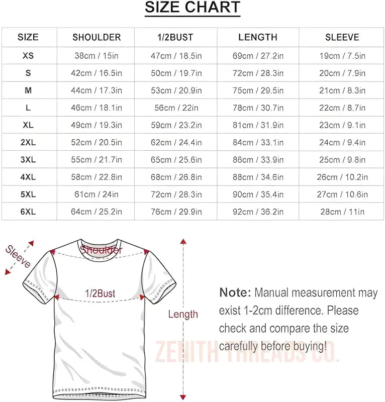 Size chart showing measurements for t-shirt dimensions across different sizes from XS to 6XL.