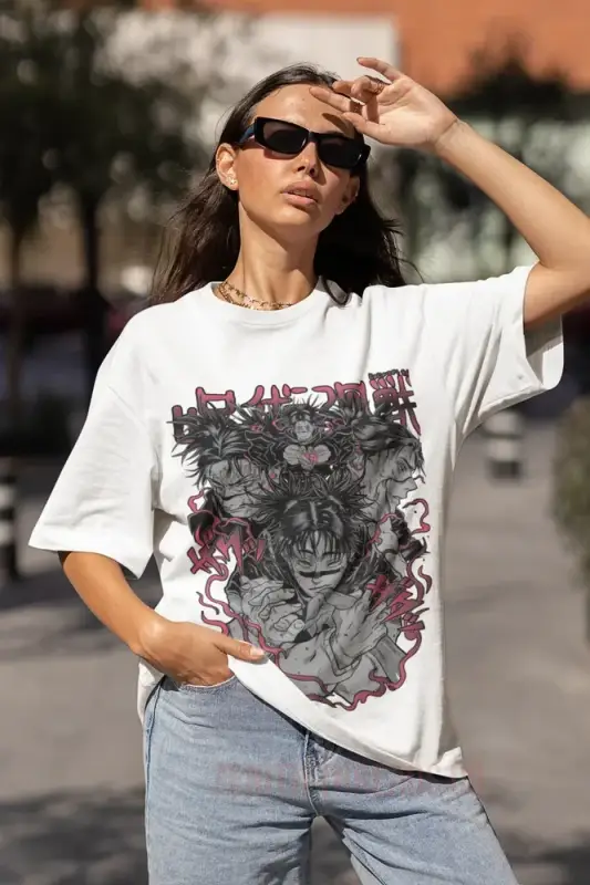 White t-shirt featuring a dark artistic graphic design with red accents.