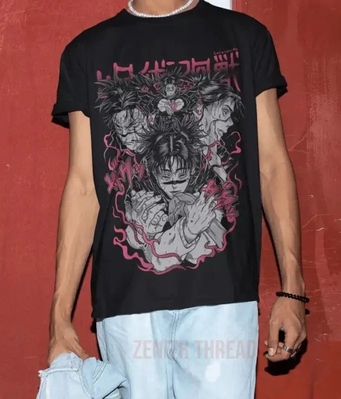 Black t-shirt featuring Japanese-style anime artwork in pink and gray tones.