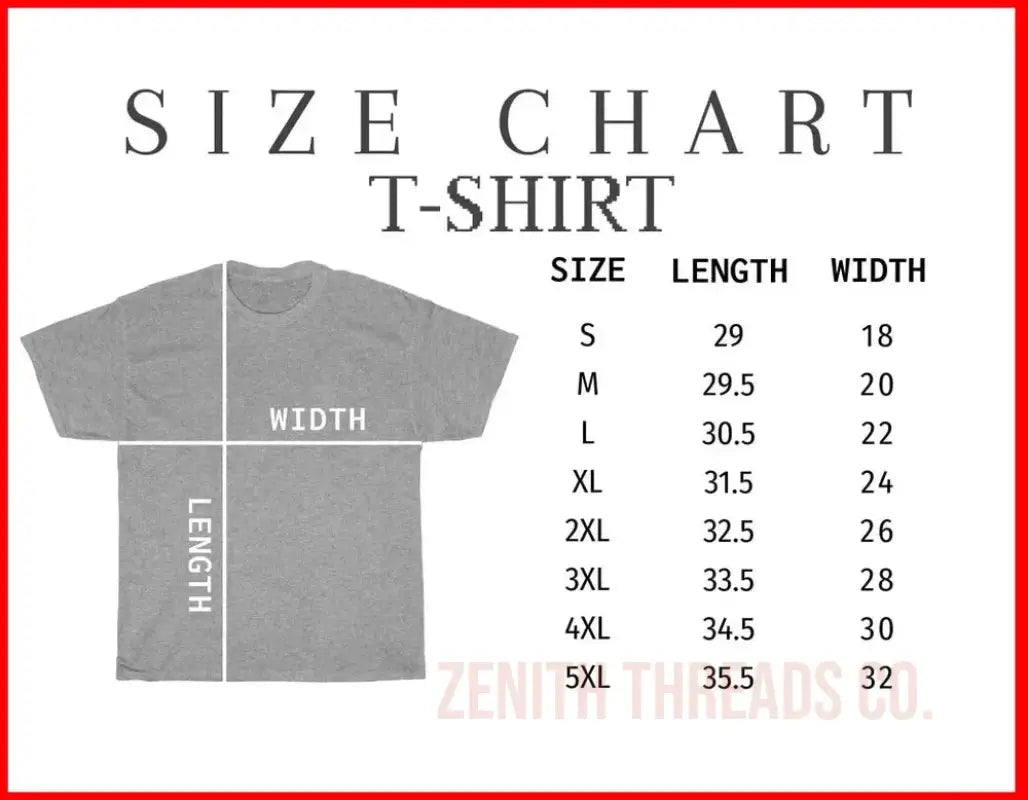 T-shirt size chart showing measurements for width and length across different sizes from S to 5XL.