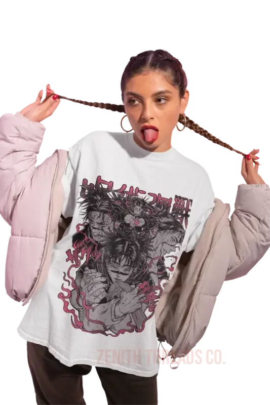 White sweatshirt featuring a dark artistic graphic design with pink accents.