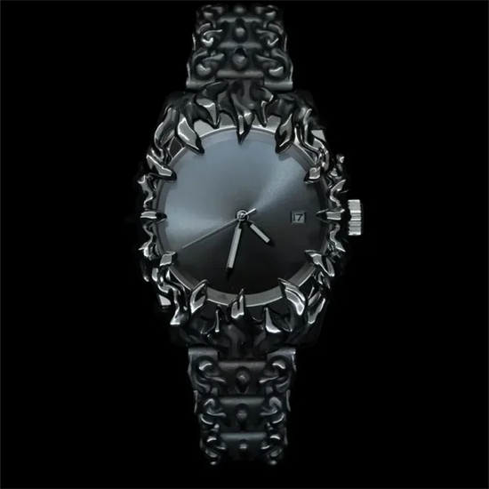 Ornate dark metal wristwatch from the Futuristic Anime Inspired Claw Alabaster Watch series