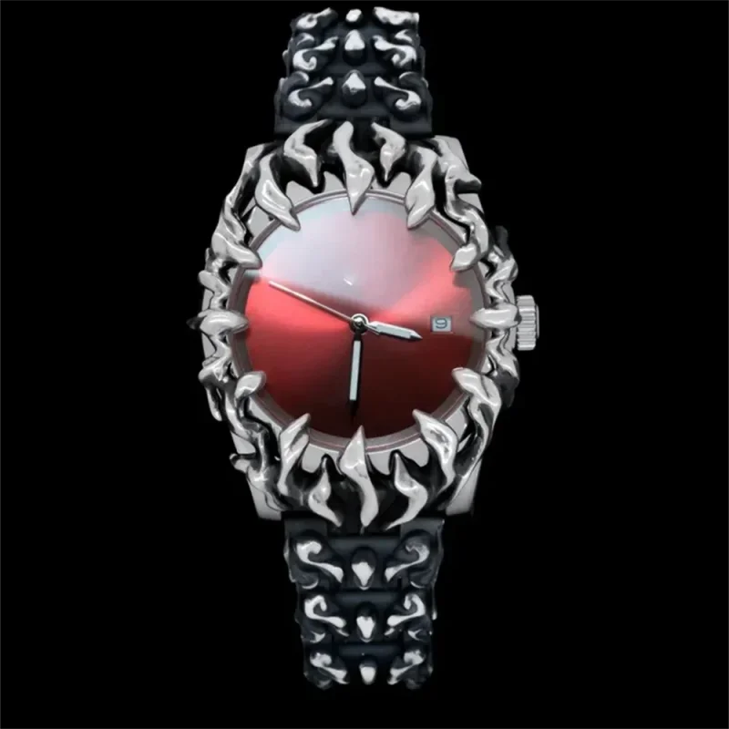 Ornate silver watch with red face from Futuristic Anime Inspired Claw Alabaster Watch collection